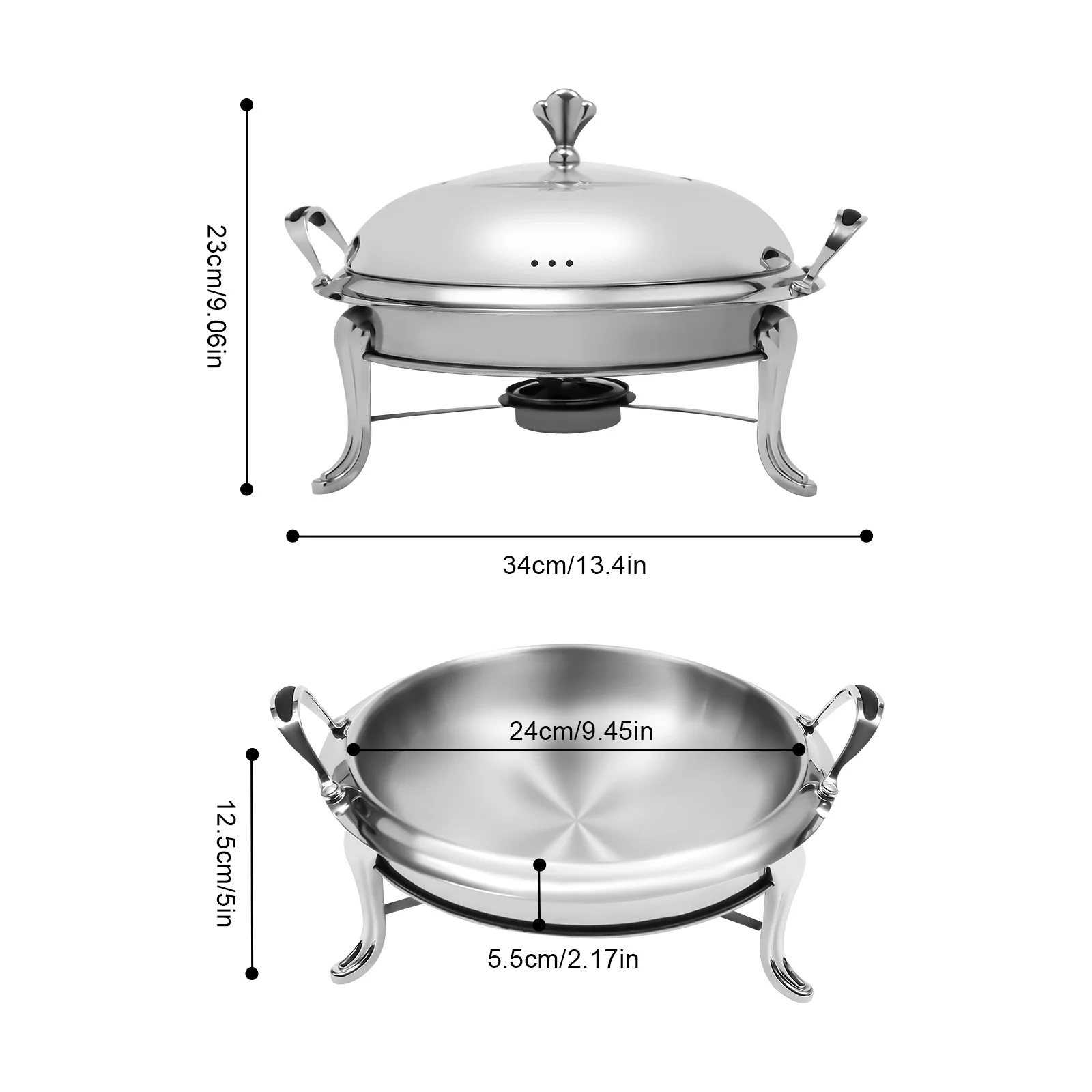 24cm Round Chafing Dish Stainless Steel Chafing Dish Buffet Chafer 2.5L Catering Chafers and Buffet Warmers with Fuel Holder