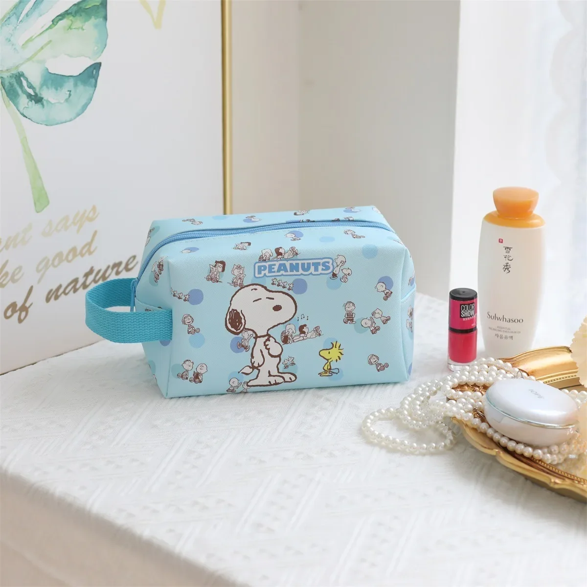 Snoopy Cartoon Cute Women's Makeup Bag Girl Snoopy Print Hand Travel Toiletry Bag Leather Portable Large Capacity Makeup Bag