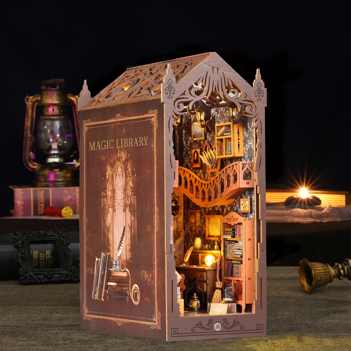 Magic Book Stand Bookshelf Set Miniature Assembly Model Building Dollhouse DIY Handmade Toy Set, Home Bedroom Decoration with Fu