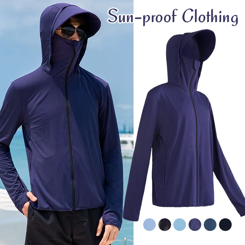 Summer Sunscreen Hoodie Tops Tees Outdoor Face-covering Fishing Hooded Thin Ice Silk  Breathable UPF 50+ Men's UV Sun Protection