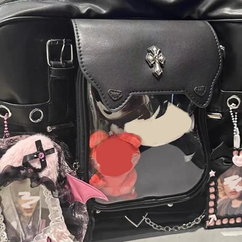 Tas Ransel Hitam Harajuku untuk Wanita, Tas Tangan Transparan Kapasitas Besar yang Manis dan Keren, Tas Ransel Wanita Jepang Y2k yang Chic, Bolsas