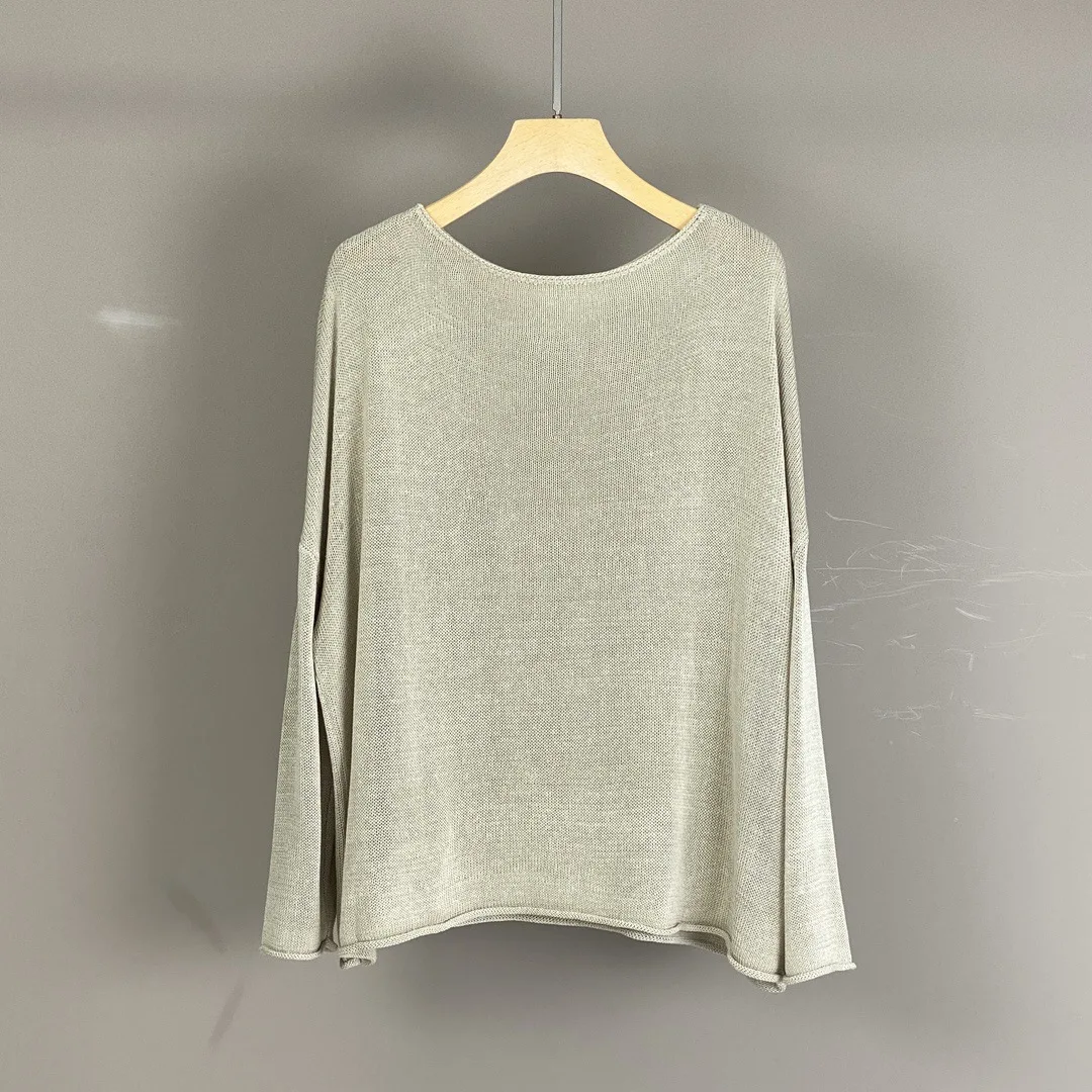 2025 Primavera y novedad de verano, Tops de manga larga tejidos de lino sueltos y cómodos, jersey fino de Color sólido para mujer