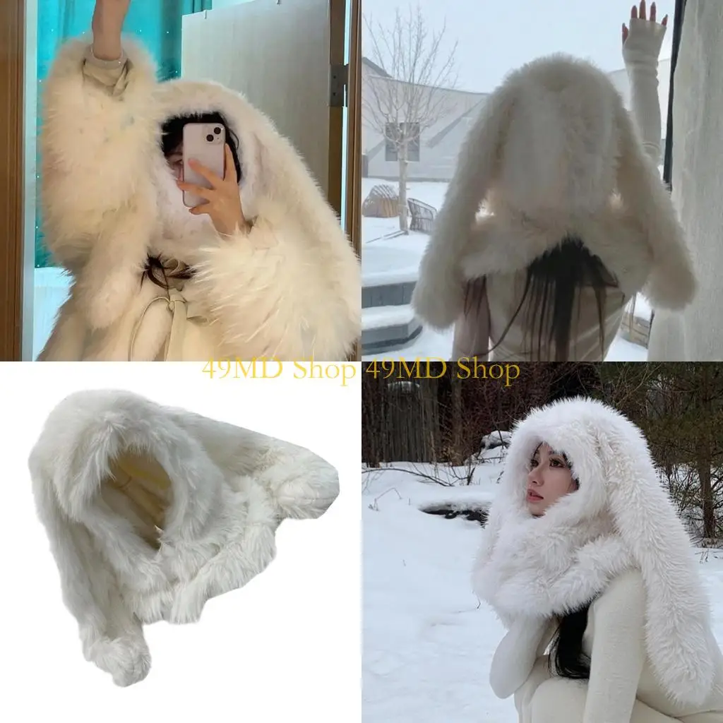 

49MD Furry Plush Balaclava for Women Girl Y2K Beanie Thicken Warm Face Cover Hat Winter Hooded Hat for Skiing