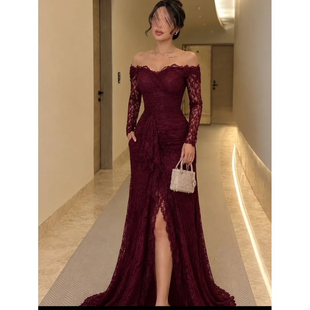 Brown Evening Dresses Woman Elegant Party Dresses for Special Occasions Long Sleeves Customized Mermaid Embroidered Lace Dress