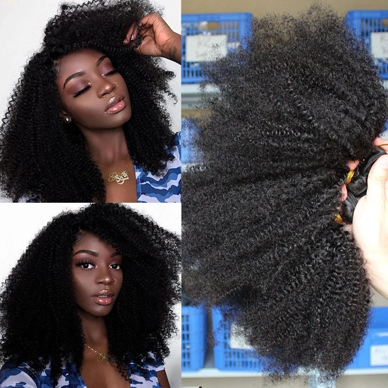 Mongolian Afro Kinky Curly Hair Bundles Natural Raw Human Hair Bundles With Closure 4B 4C Extension Weave Weft Hair For Blacks