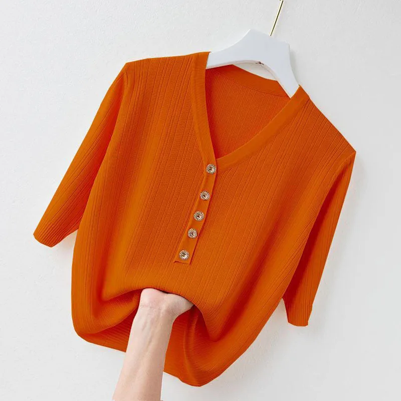 Women Clothing Fashion V-Neck Knitted Pullovers Spring Summer Exquisite Loose Knitwear Office Lady Casual Short Sleeve Top