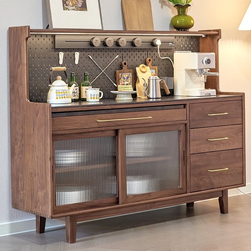 Black walnut dining side cabinet Solid wood integrated against the wall Living room locker Household slate storage cabinet