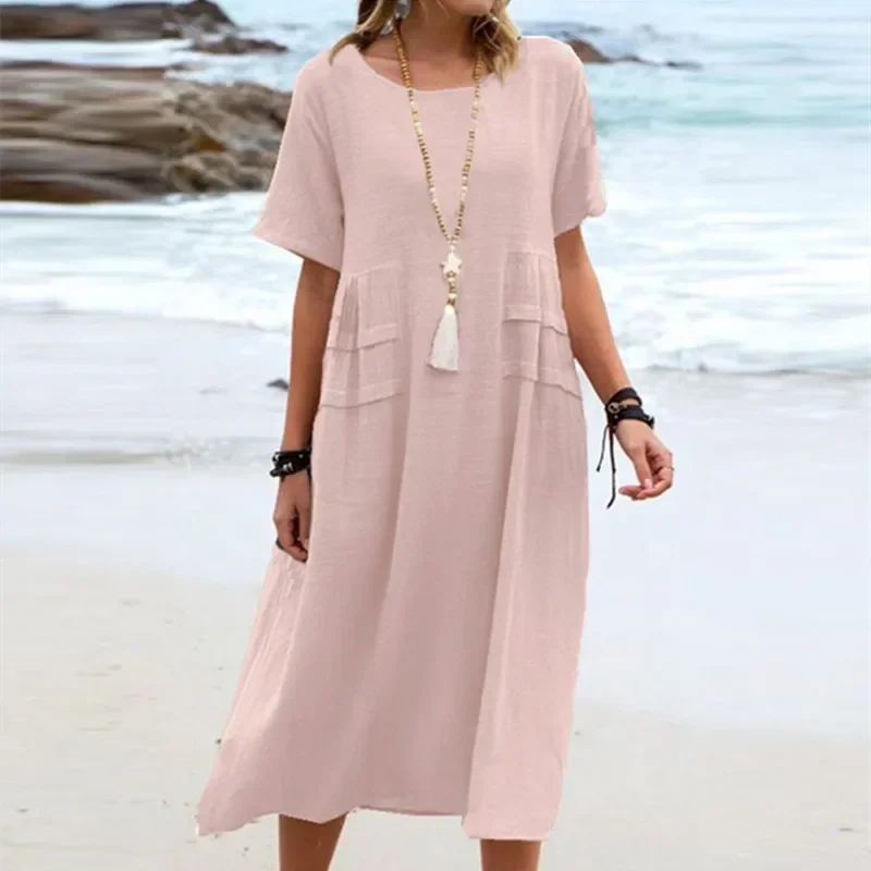 Women\'s Summer Cotton and Linen Dress Solid Color Short Sleeve Round Neck Pocket Casual Loose Dress Seaside Holiday Beach Skirt