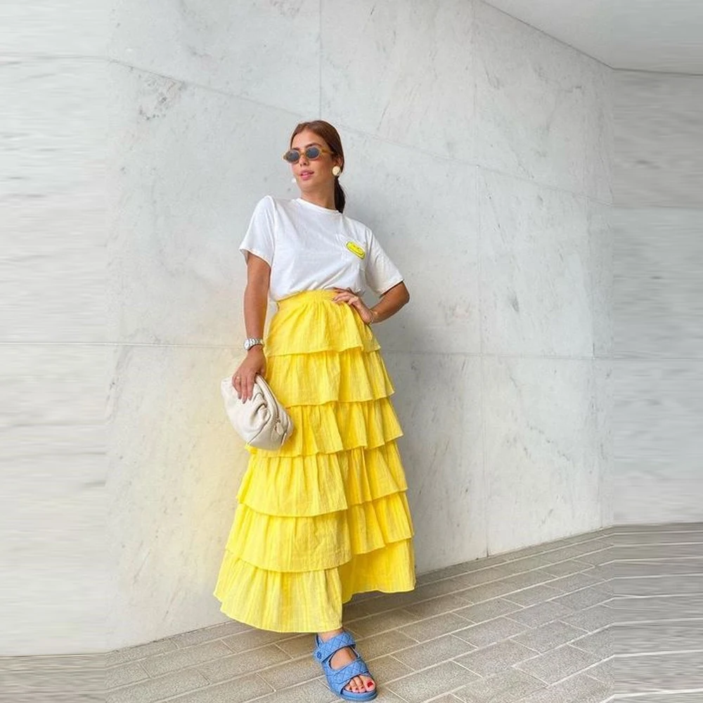 2024 Spring Yellow Cake Skirts Tiered Ankle Length Women Saias Skirt Maxi Skirt Women Birthday Party Formal Wear Botom