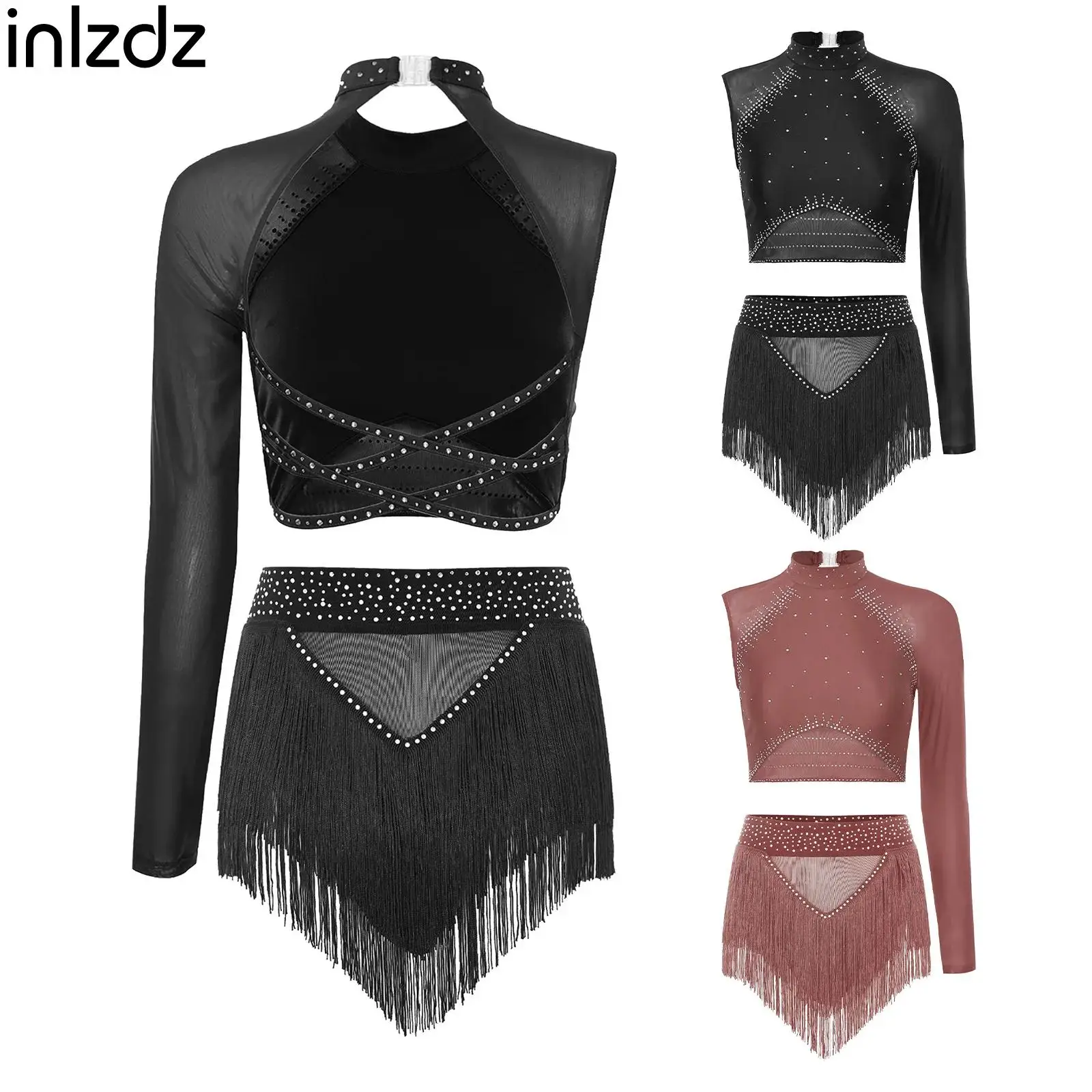 

Women Jazz Dance Outfit One Shoulder Backless Crop Top Shorts Set Ballet Lyrical Latin Cha-cha Samba Figure Skating Dancewear