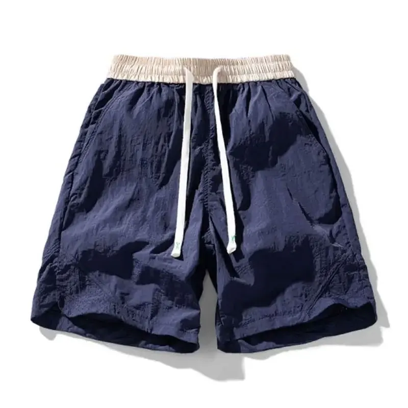 Beach Style Contrasting Colors Casual Shorts Summer Stylish Elastic Drawstring Korean Men's Clothing Straight All-match Shorts