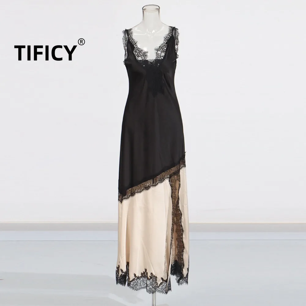 

High Street Strapless Sexy Camisole Dress Women's Spring New V-neck Lace Patchwork Vacation Style Party Dress