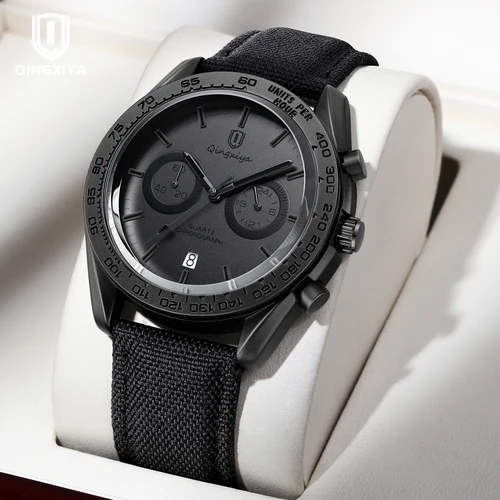 Imagen 2 del producto QINGXIYA, reloj de cuarzo con cronógrafo a la moda para hombre, correa de cuero deportiva, resistente al agua, fecha, relojes de lujo para hombre, reloj Masculino