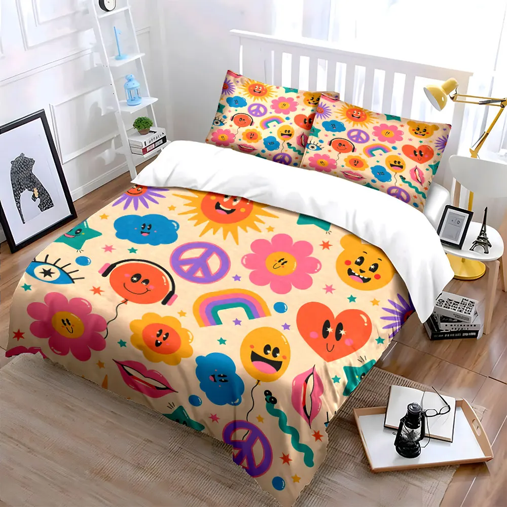 Colorful Fun Icons Three-Piece Set  kid's and adults' bedroom decor, Exquisite three-piece bedding set gift