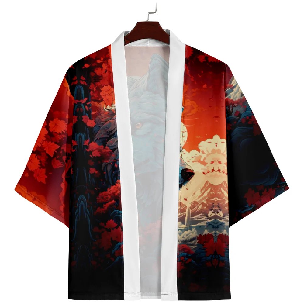 

Kimono Fashion Wolf Print Japanese Haori Summer Beach Women Cardigan Yukata Traditional Men Asian Clothing