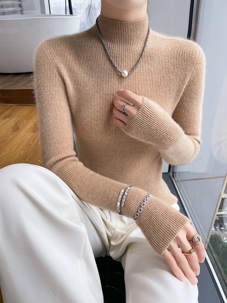 

Women's Pullovers Autumn Winter 100% Cashmere Knitted Half High Collar Simple Solid Color Slim Fit Bottoming Sweater Tops