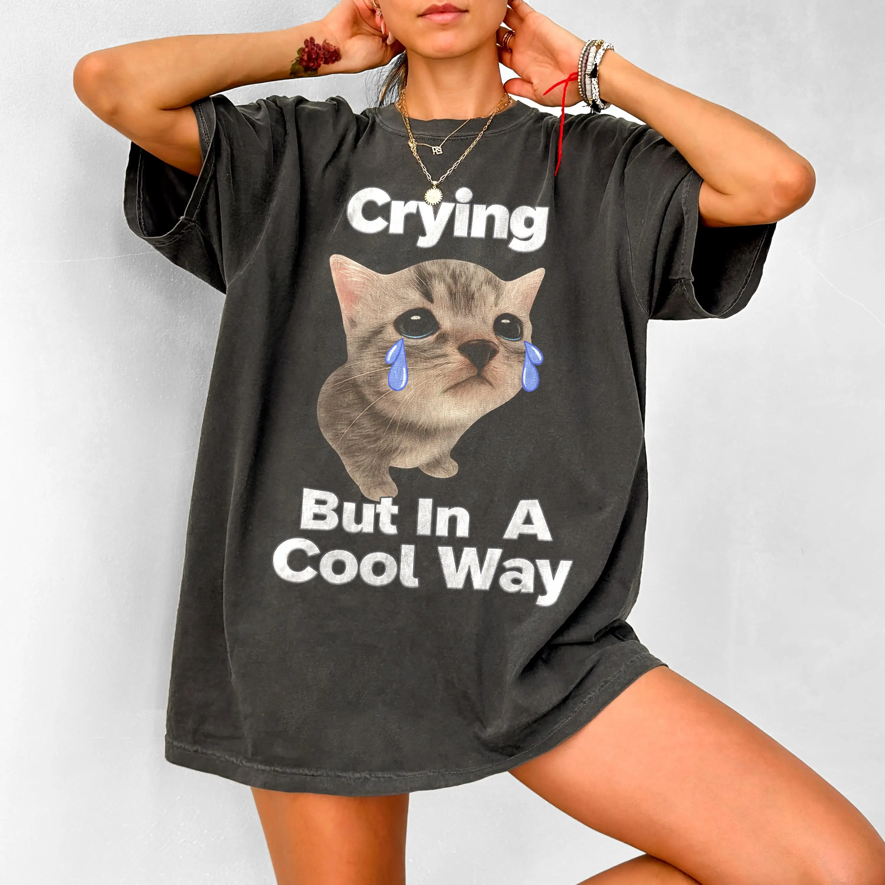 

Women's Retro Funny Cat Crying T Shirt Popular Meme Shirt Unisex Cotton Oversized Casual Short Sleeve Suitable for All Seasons
