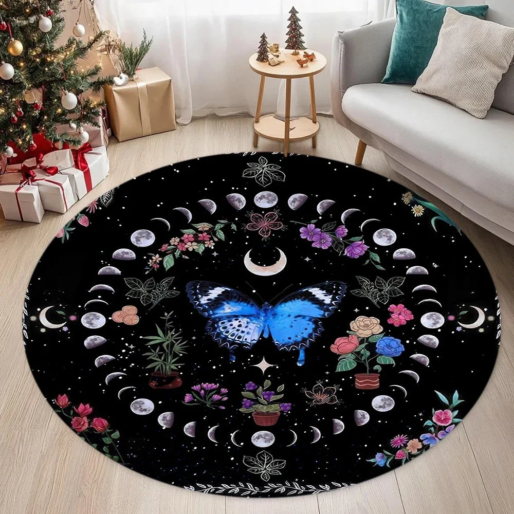 Lunar Phase & Butterfly Carpet Mat Rug Nature Inspired & Elegant Home Decoration with Black Gold Tone for Living Room Bedroom