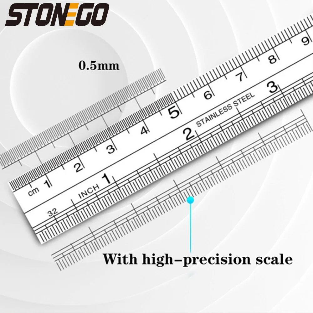 STONEGO-Regla de acero inoxidable, 6, 8, 12, 16, 20 pulgadas, reglas de Metal, con línea de graduación de alta precisión, Escala de doble cara