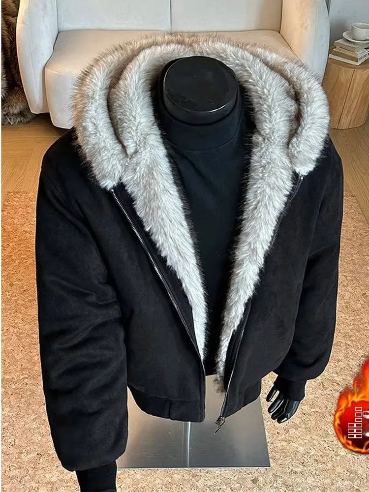 

Men's ort Cotton Jaet Lamb Velvet Fce Lined Thiened Winter Coat Rabbit Ear Casual Zipper Sle Warmth Youth Faion