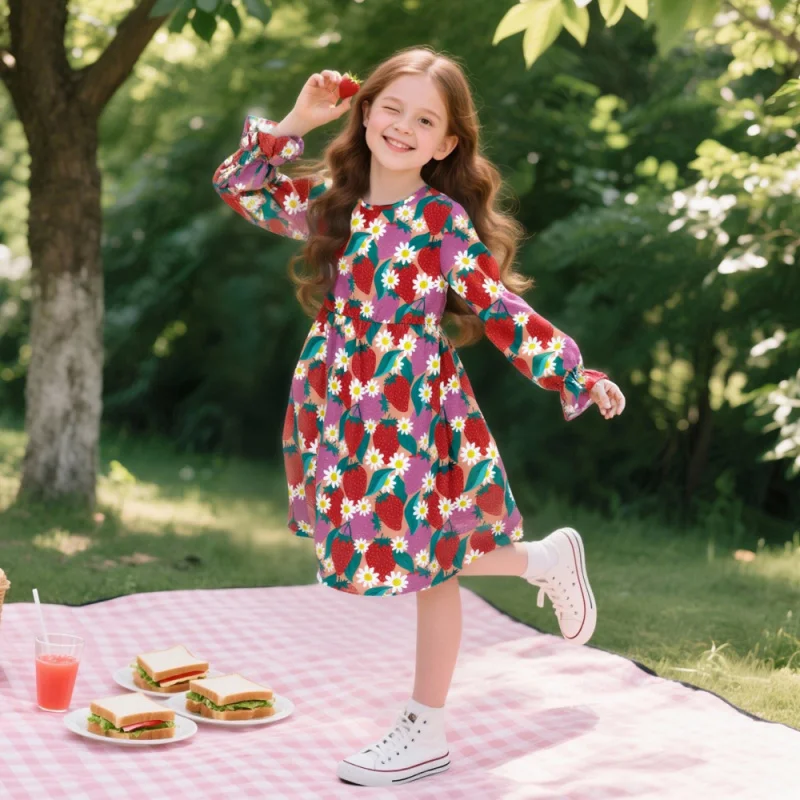 

2026 Girls Strawberry Floral Cute Casual Long Sleeve Dress