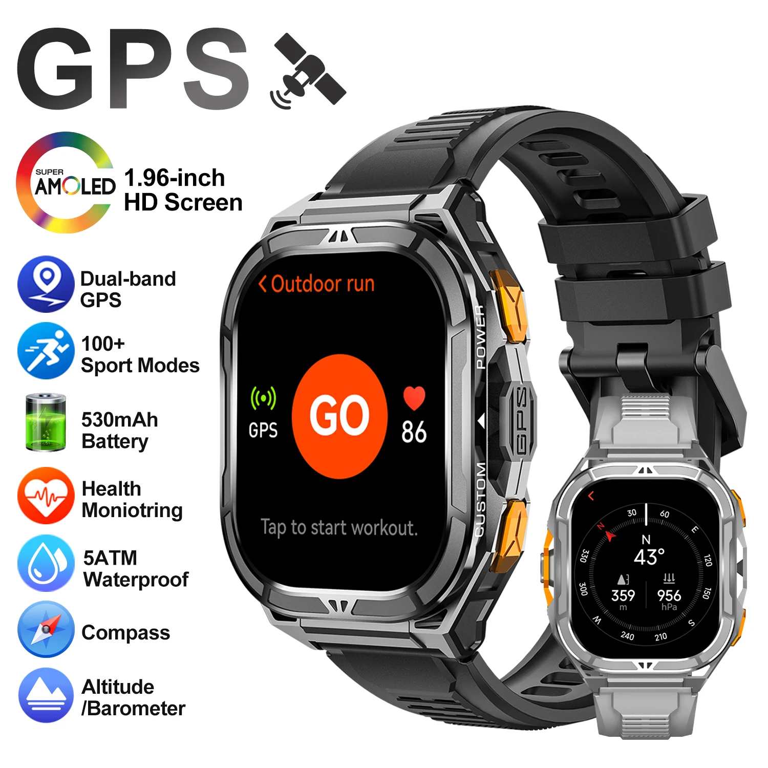 

GPS Outdoor Sport Smart Watch Men Women AMOLED HD Screen 5ATM Waterproof 530mAh Battery Compass SOS BT Call Military Smartwatch