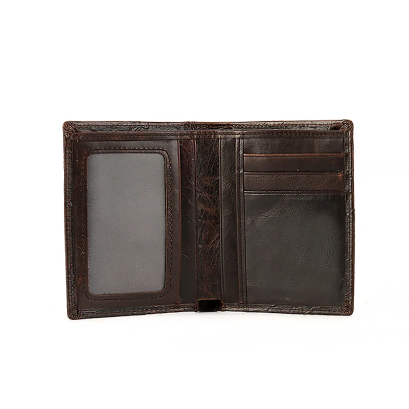 Carteira estampada vintage para homens, dragão 3D, couro genuíno, bifold, porta-cartão fino, clipe de dinheiro, bolsa com janela de identificação,