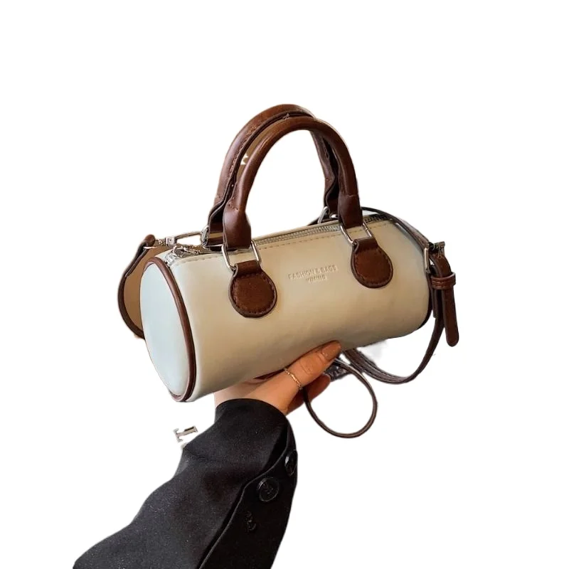 

High-end Contrasting Color Handbag Women' Versatile Shoulder Cylinder Bag Fashionable Messenger Bag Simple Personality Exquisite