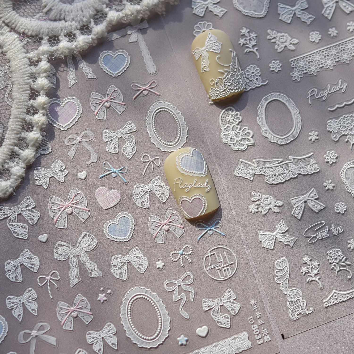 5D Checkered Lace Nail Stickers Fashion Bowknot Ribbon Photo Frame Embossed Self Adhesive Nail Art Stickers Manicure Decals DIY