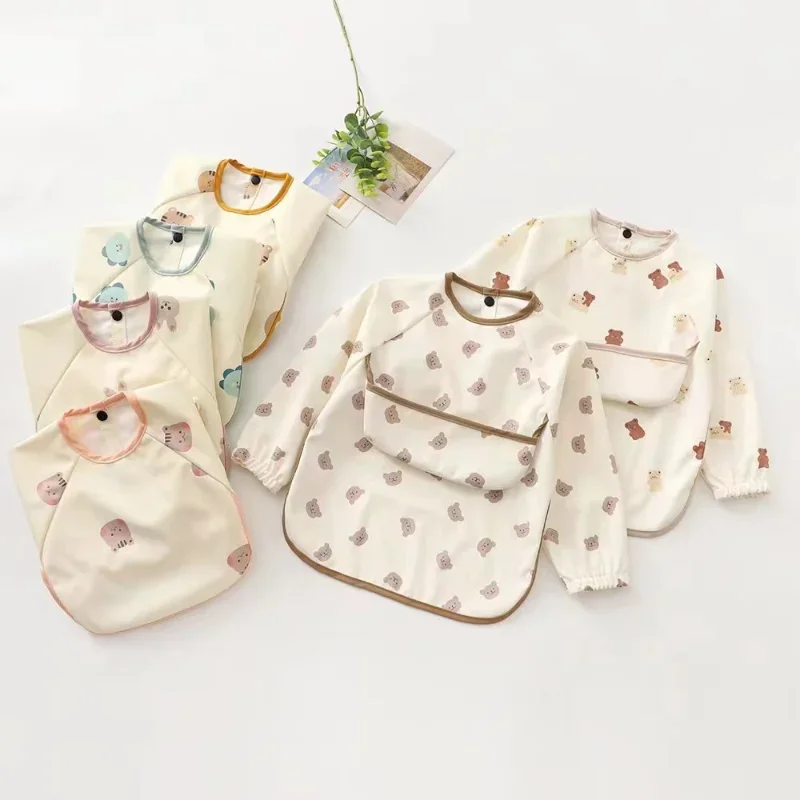 Children Long Sleeves PU Reverse Dressing Baby Eating Clothes Bib Super Soft Waterproof  Anti-Dirty Feeding with Pocket Stuff