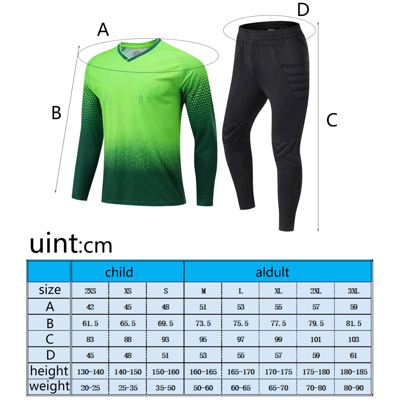 Conjunto de camisa e calças de goleiro protetora e confortável camisa de futebol de goleiro