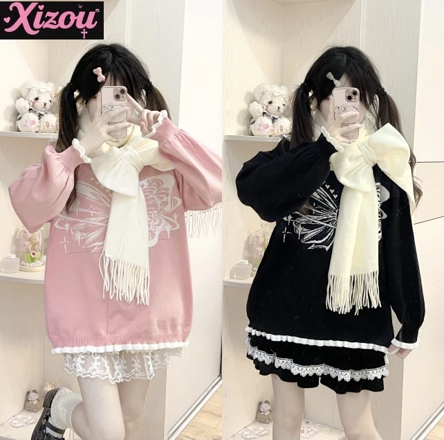 

Sweetheart girl Japanese sweet cut lolita bow scarf ladies 2025 new cashmere soft and versatile student warm scarf for women