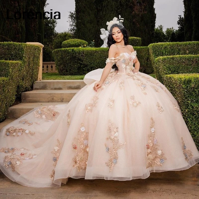 Lorencia Blush Quinceanera Dress Ball Gown 3D Flowers Appliques Beading With Bow Corset Sweet 16 15 Vestidos De 15 Años YQD759