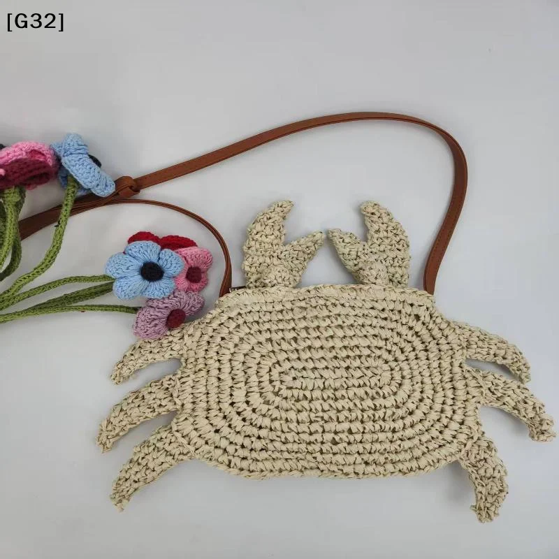 Crochet Straw Wov Bag Cute Crab Animal Crossbody Purse Mini Handbag Tote Casual Outdoor Pocket Bag Fresh Style Satchel Gift[G32]