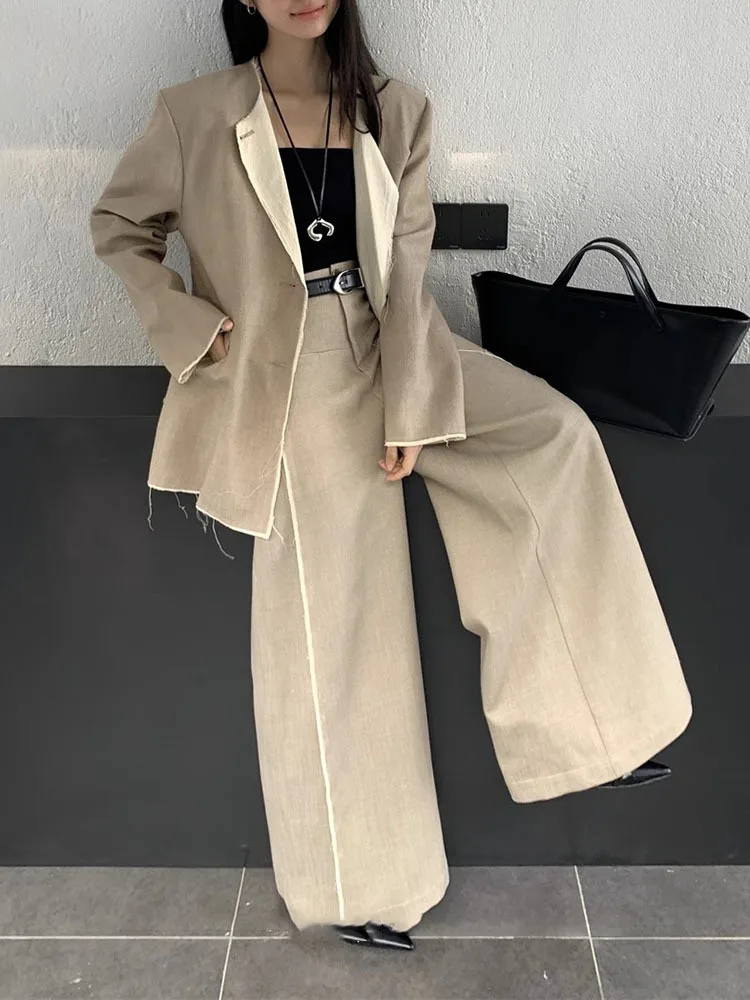 FANAN Mode 2-teiliges Set frauen Quaste Design Kontrast Farbe Blazer + hohe Taille Breite Bein Hosen Büro dame Anzüge 2025 Neue