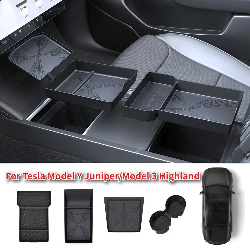

For Tesla Y Model Juniper/Model 3 2025 Center Console Storage Box Mat White Silicone Pad Organizer Wireless Charging Cup Holder