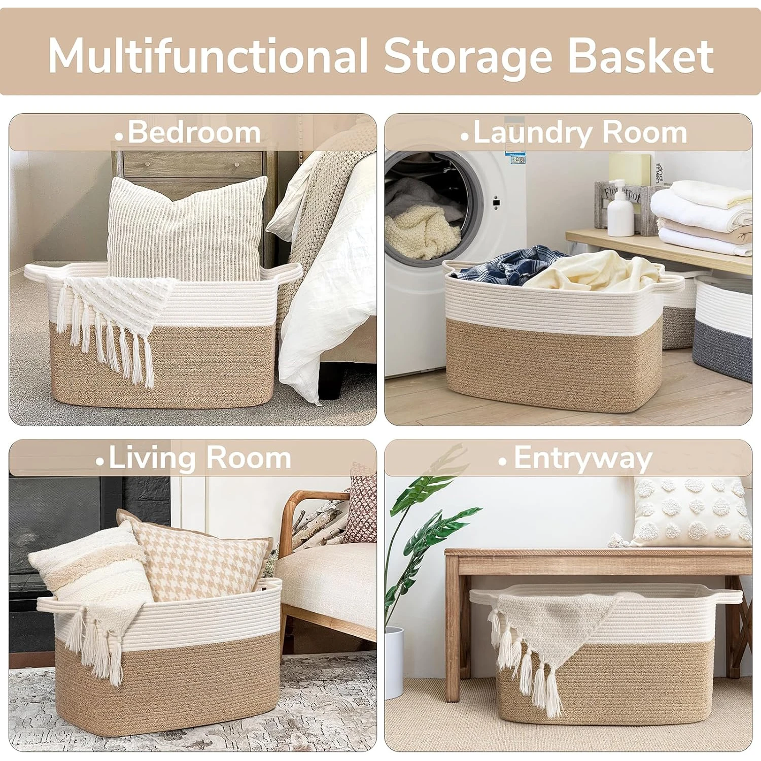 Woven Storage Baskets for Organizing, Soft Rope Storage Basket, Cube Baskets for Shehelves, Laundry Hampers view 6