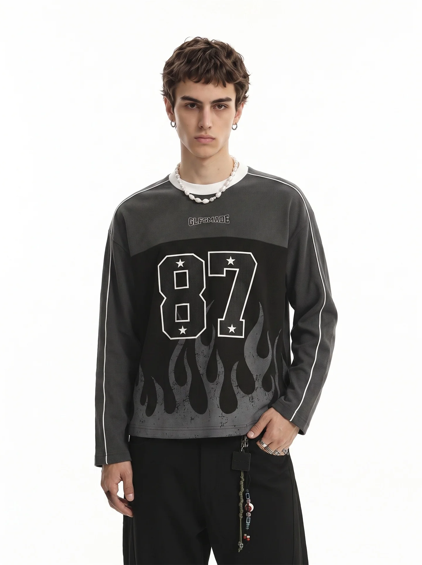 American Style Long Sleeve T-Shirt Men's Vintage Plaid Short Wideaffle Print Contrast Color Digital round Neck Top for Autumn