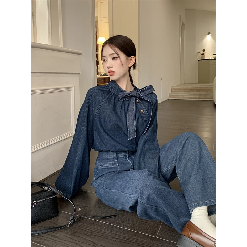 MEXZT Elegant Bow Denim Shirts Women Vintage Bandage Jeans Blouses Streetwear Korean Puff Long Sleeve Casual All Match Tops New