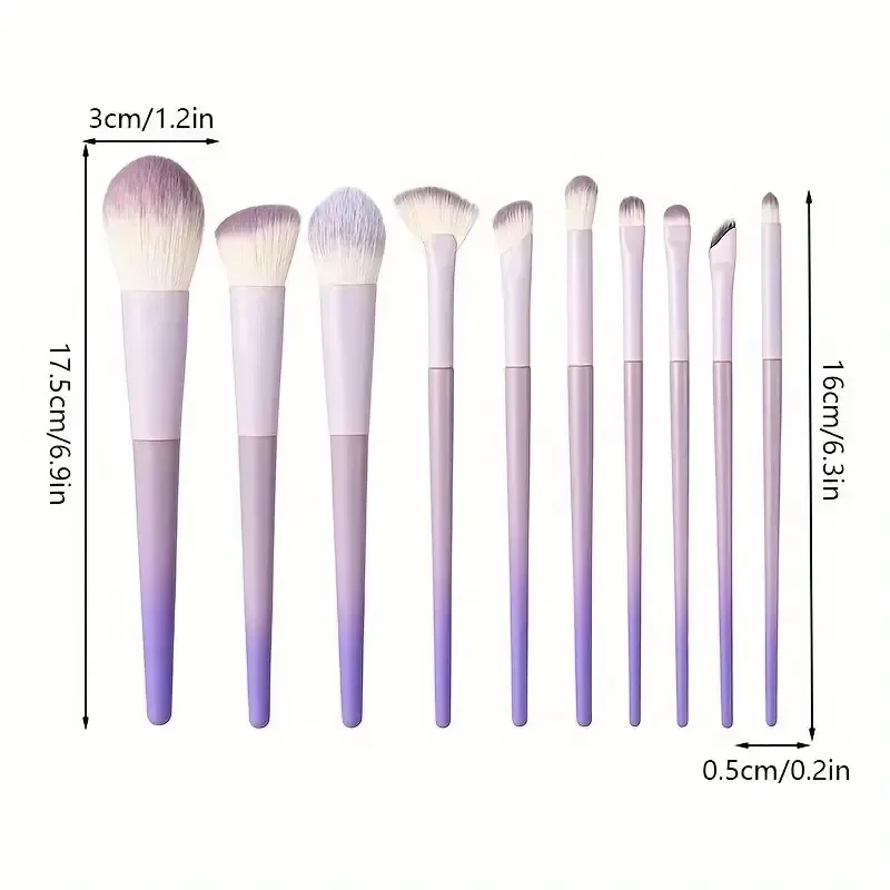10 Uds. Brocha de maquillaje con mango de plástico degradado rosa y morado, brocha para polvos, brocha para maquillaje y base, brocha correctora