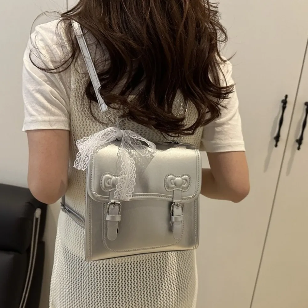 

Simple Square Bow Backpack Solid Color Small Pack PU Backpack Shoulders Bag Crossbody Bag Student School Bag Gift