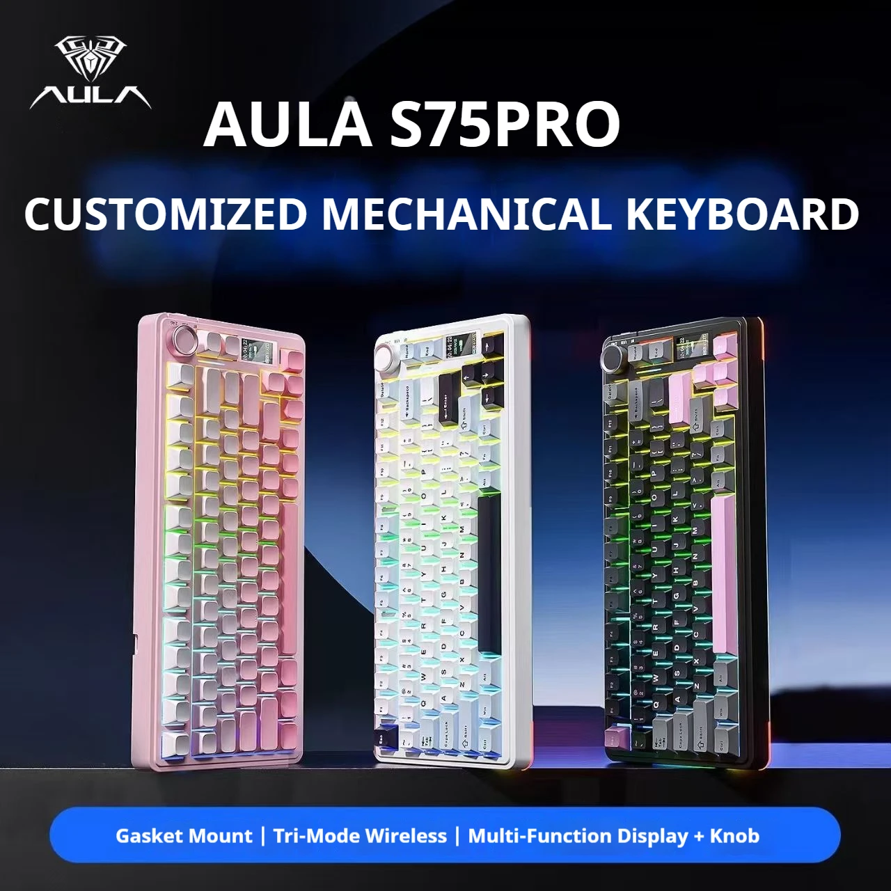 

Беспроводная механическая клавиатура AULA S75 Pro, 3-режимная прокладка, с возможностью горячей замены и дисплеем 75% для офисной игровой клавиатуры
