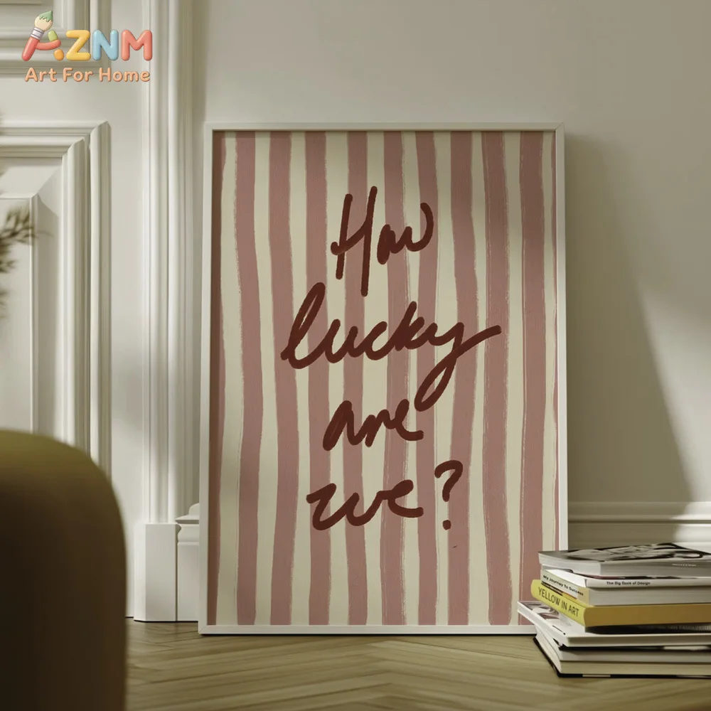 AZNM How Lucky Are We Pink Striped Canvas Wall Art, Romantic Quote Unframed Poster for Bedroom Living Room Decor