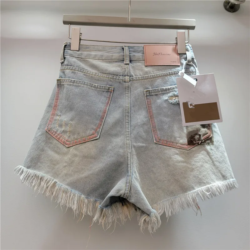 Color Ripped Denim Shorts Women's 2025 Summer New High-waisted Spice Girls A-shaped Rough-edged Wide-leg Pants Hot Pants