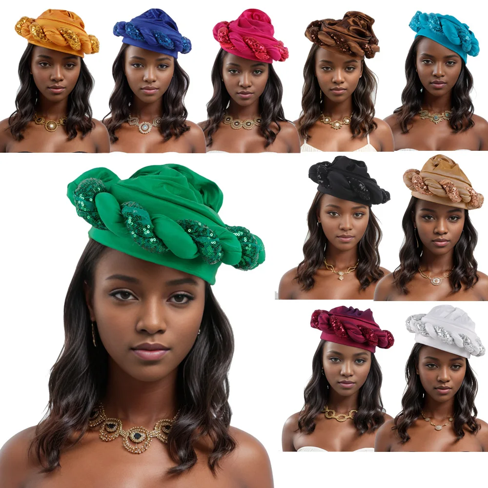 Raw Silk Autogele Headtie Nigeria Female Head Wraps Lady Solid Color Fashion Turban Cap Rose Flower Design Cap for African Women