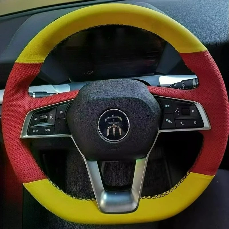 

Hand-stitched renovation wear-resistant Non-slip yellow red leather steering wheel cover For BYD Qin plus/ Yuan Pro/ E3Song max