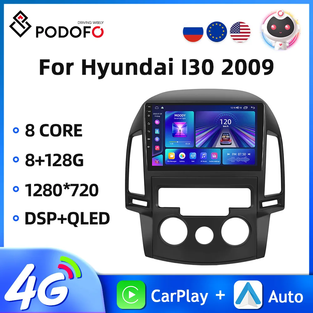 Podofo Android11 2Din Car Radio For Hyundai I30 2009 9Inch Multimedia Video Player Carplay Auto 8+128G GPS Navigation WIFI Audio