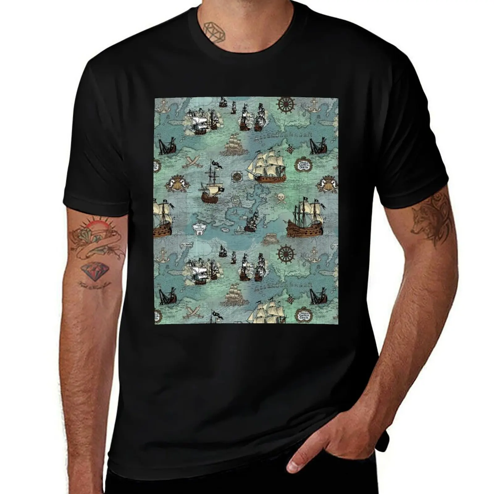 Pirate Map Nautical Sea Print Ocean Blue & Sea Glass Green T-Shirt kawaii clothes anime clothes Men's t-shirts