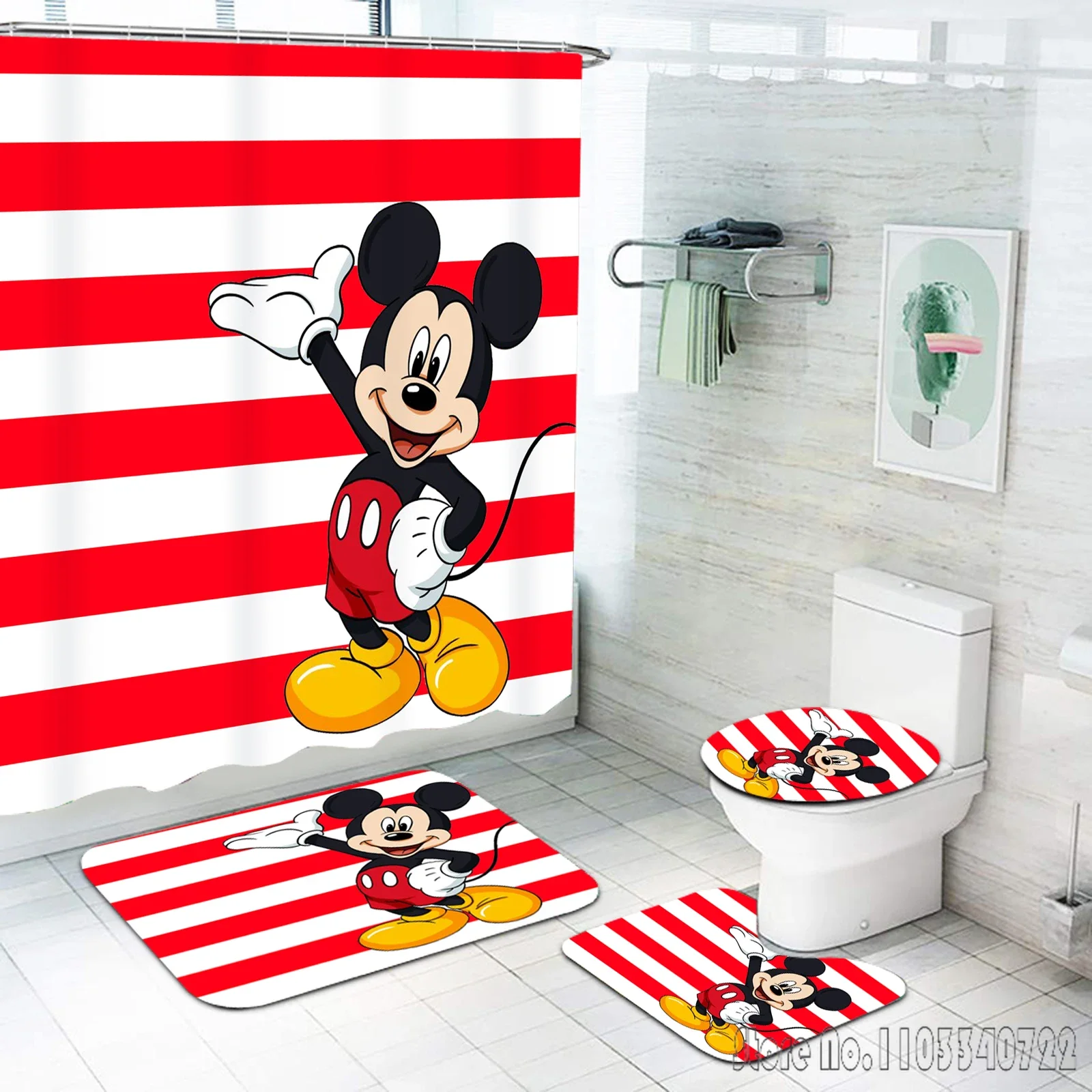 Mickey Mouse Disney Anime Bath Shower Curtain Set 4pcs with Hooks Waterproof Bathroom Toilet Mat Lid Decor