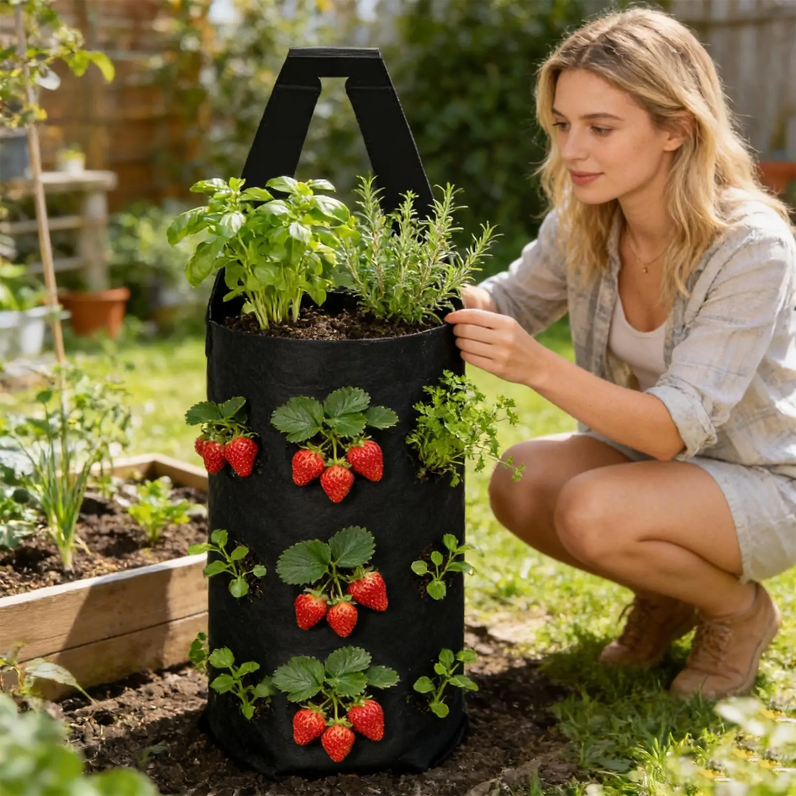 Hanging Planter Bag 9 Slits Strawberry Planting Pack Plants Growing Pouch With Handle Upside Down Planting Bag For Garden Farm